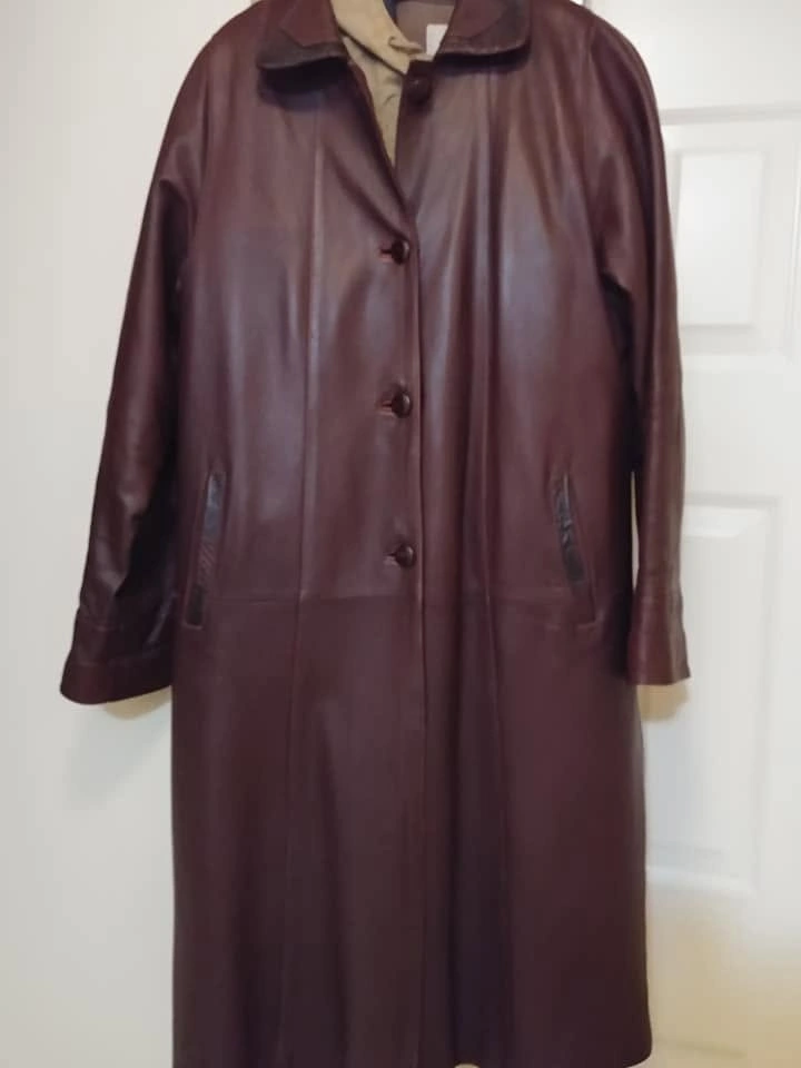 Burgundy Long Leather Coat with Textured Trim