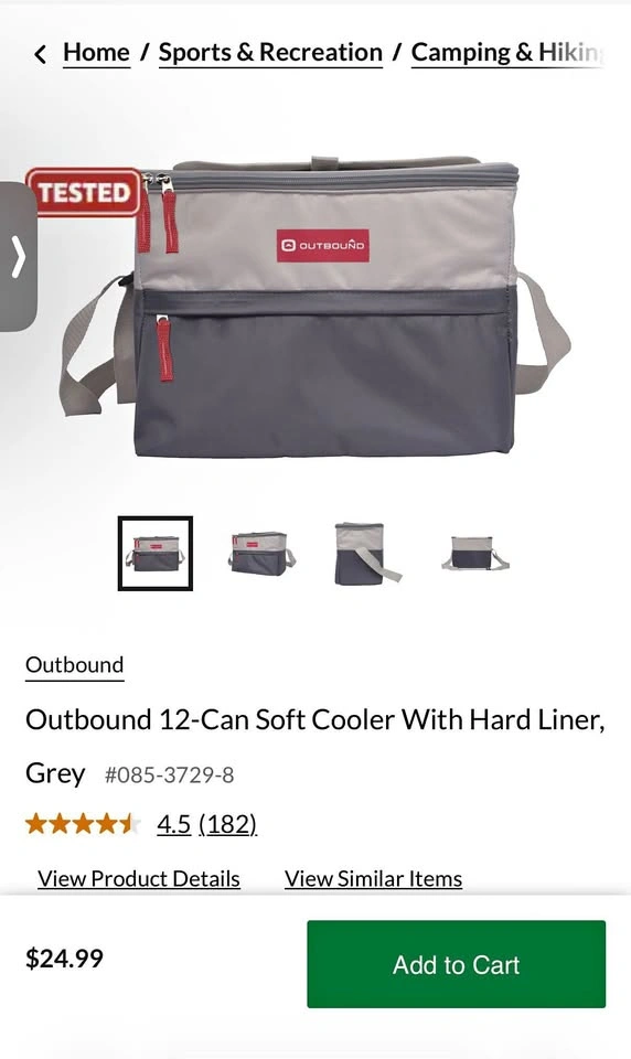 (2) Outbound 12-Can Soft Cooler With Hard Liner, Grey