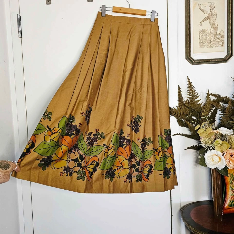 XS 70s Matching Skirt and Top Set Brown Floral Retro - photo 2