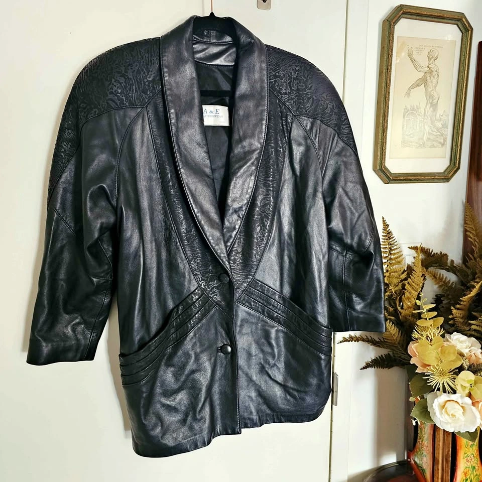 L/ XL 80s 90s Black Leather Womens Power Jacket Embossed Suede