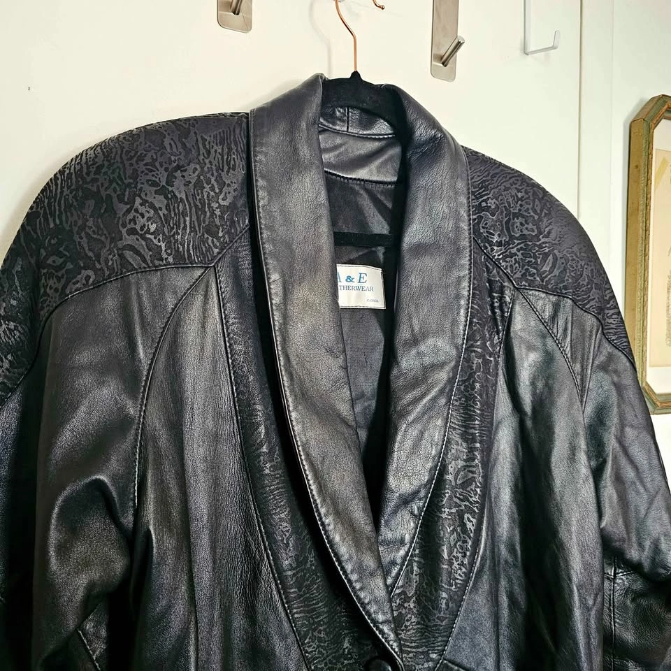 L/ XL 80s 90s Black Leather Womens Power Jacket Embossed Suede - photo 2