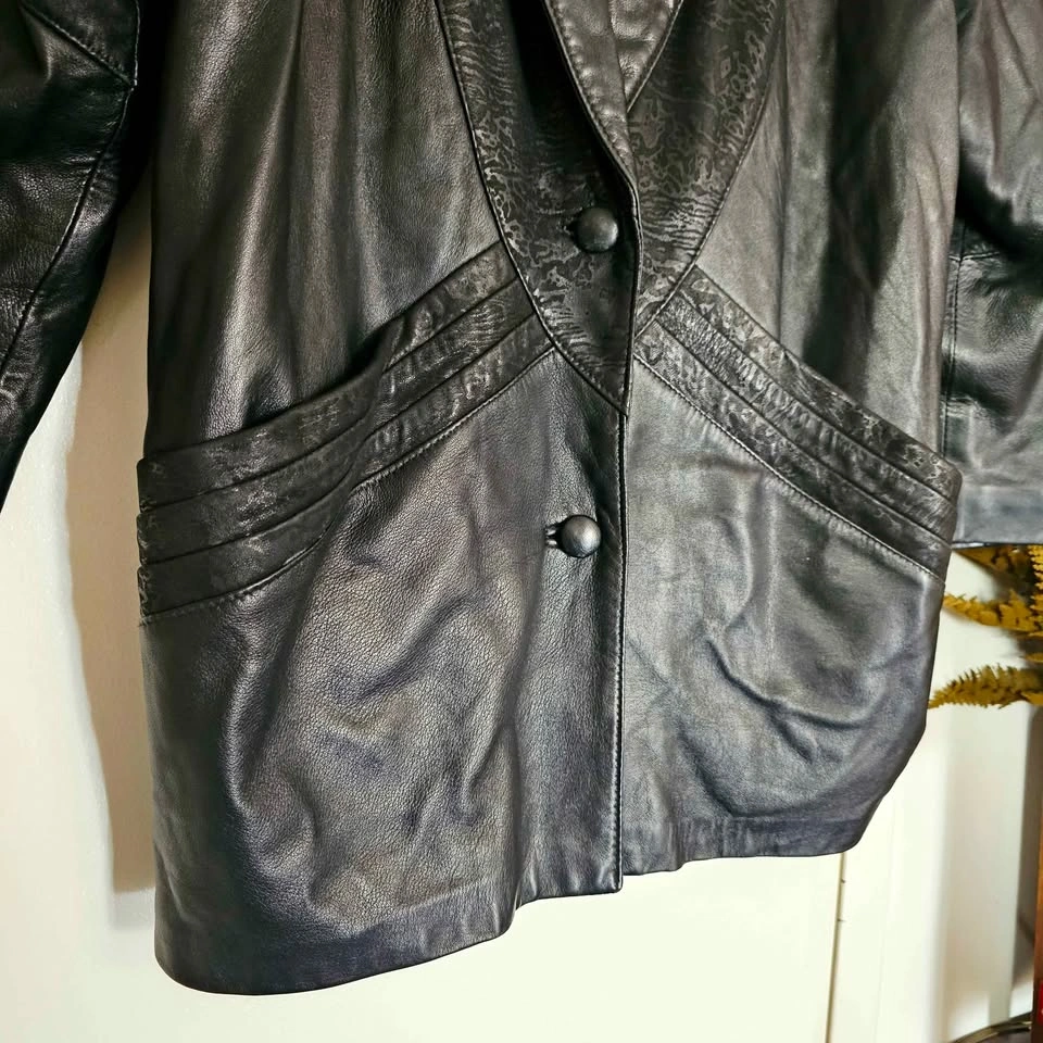 L/ XL 80s 90s Black Leather Womens Power Jacket Embossed Suede - photo 3
