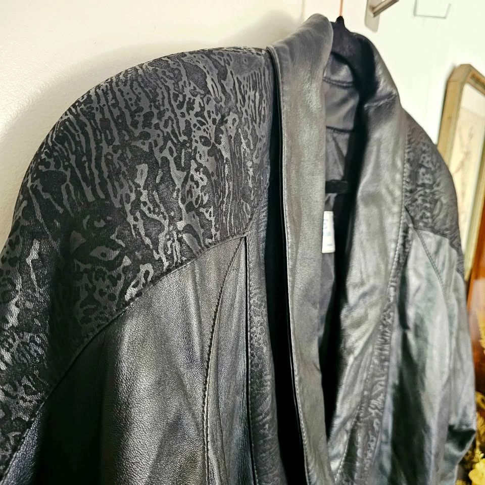 L/ XL 80s 90s Black Leather Womens Power Jacket Embossed Suede - photo 4