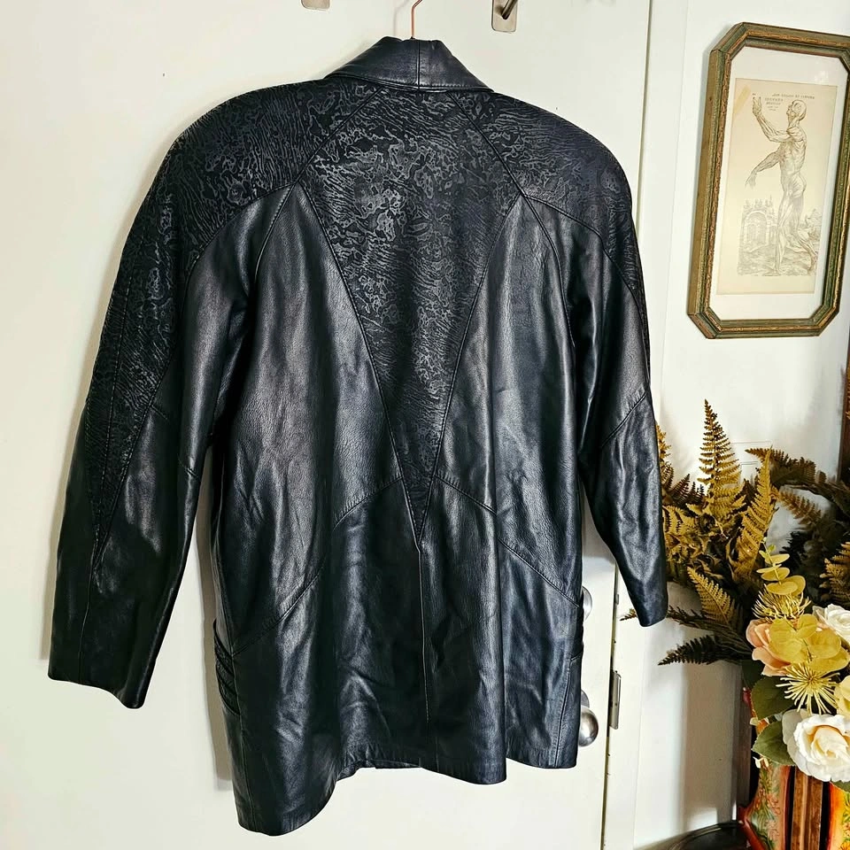 L/ XL 80s 90s Black Leather Womens Power Jacket Embossed Suede - photo 5