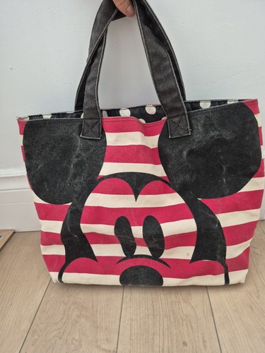 Disney Store Mickey Minnie Mouse Red Cream Striped Tote Bag