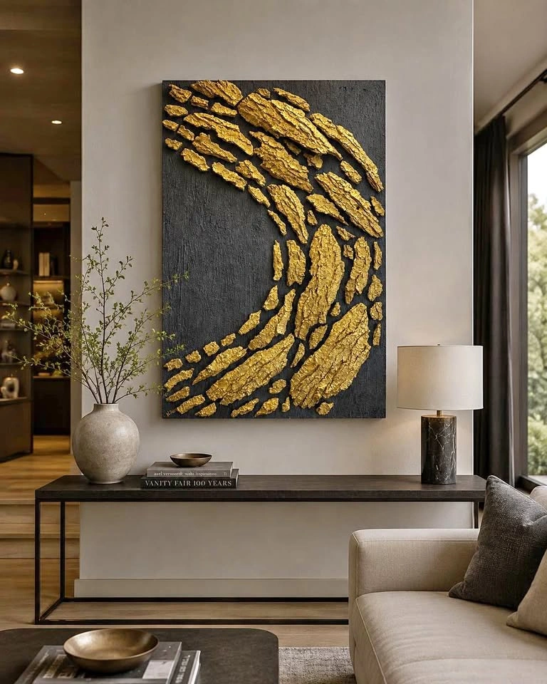 Large Textured Gold and Black Abstract Wall Art: Golden Current