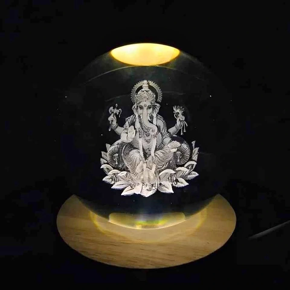 Premium 3D Engraved Lord Ganesha Crystal Ball with LED Base
