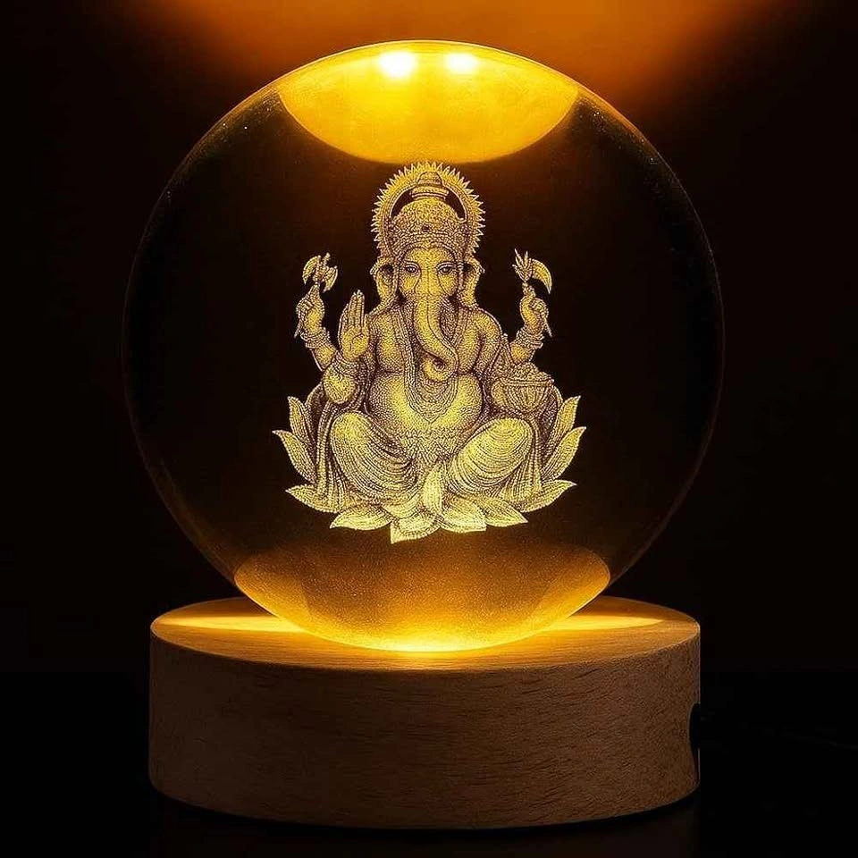 Premium 3D Engraved Lord Ganesha Crystal Ball with LED Base - photo 2
