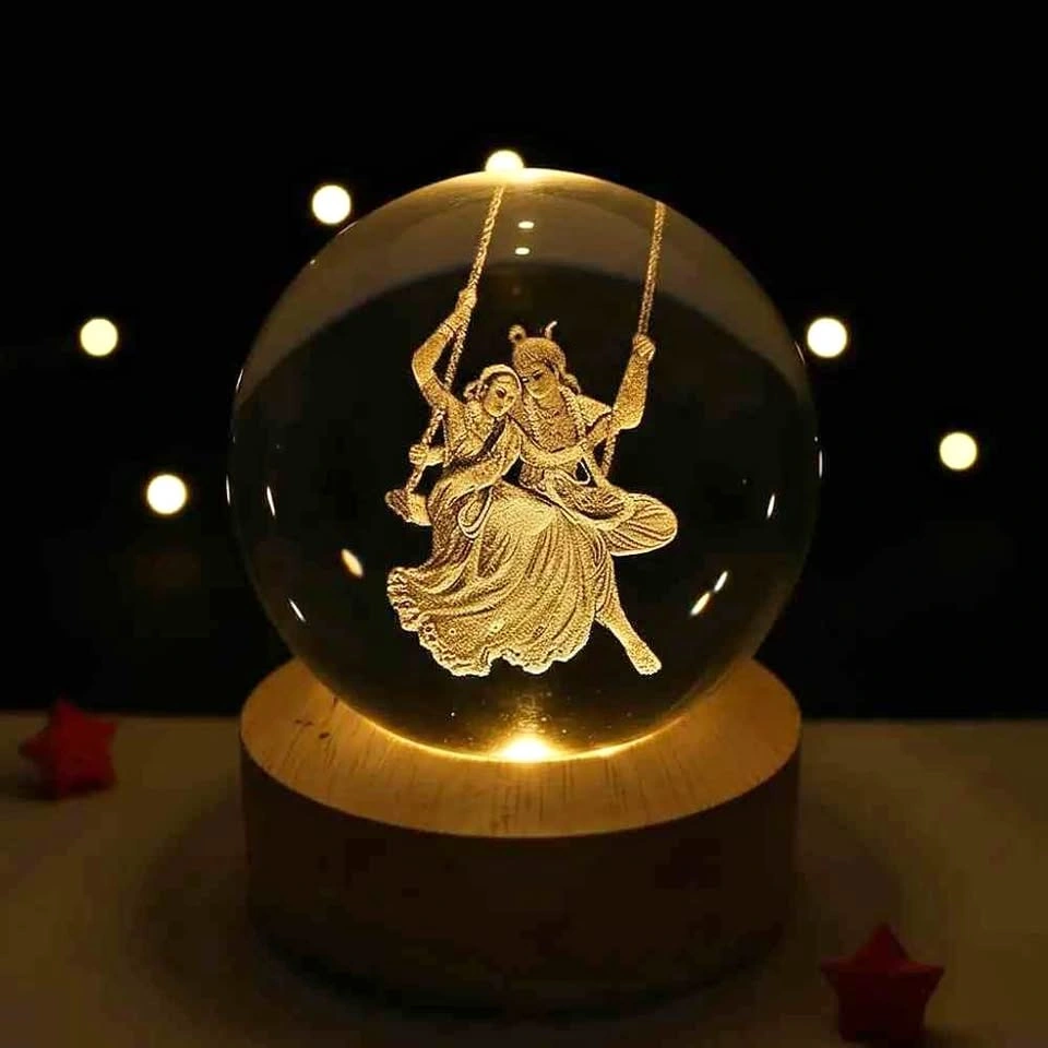 Premium 3D Engraved Radha Krishna Crystal Ball with LED Base