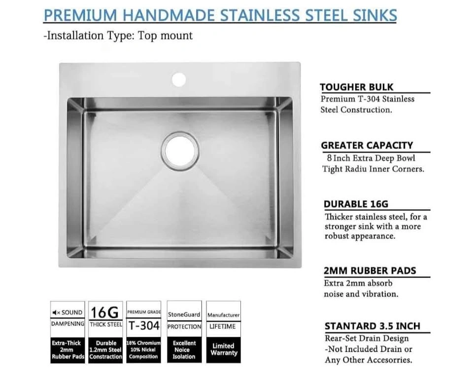 25x22x8 Inch Drop-in Stainless Steel Kitchen/Utility Sink - photo 3