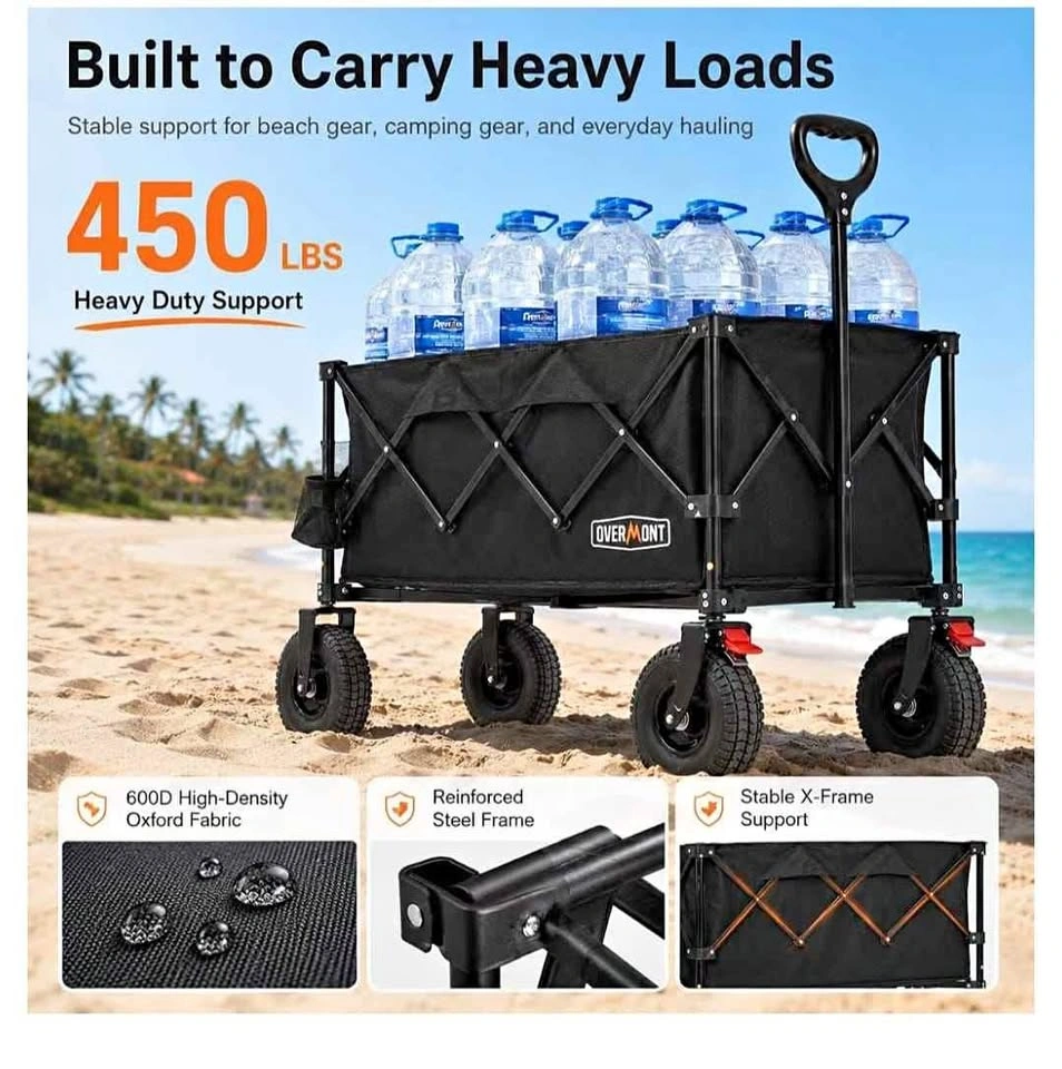 Overmont 200L Collapsible Beach Wagon with 9" Rubber Wheels