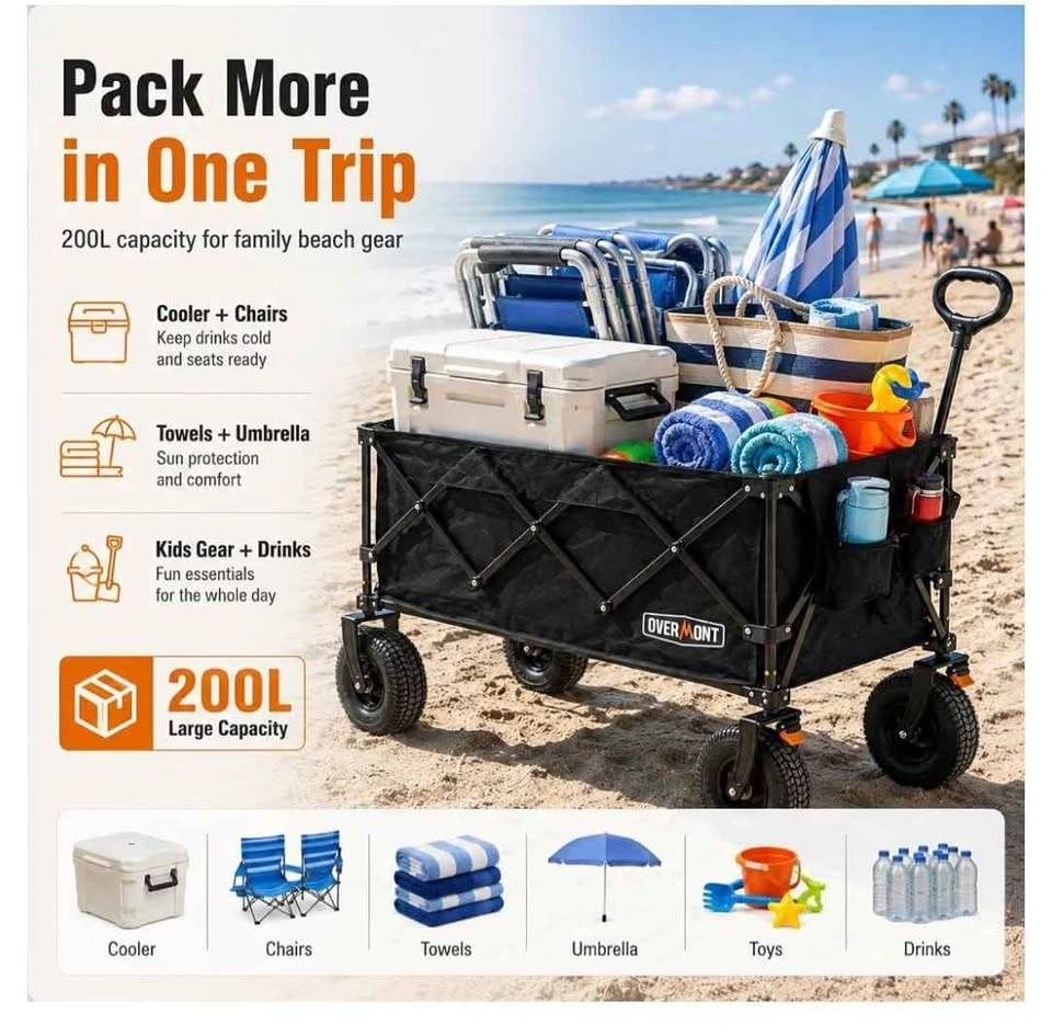 Overmont 200L Collapsible Beach Wagon with 9" Rubber Wheels - photo 5