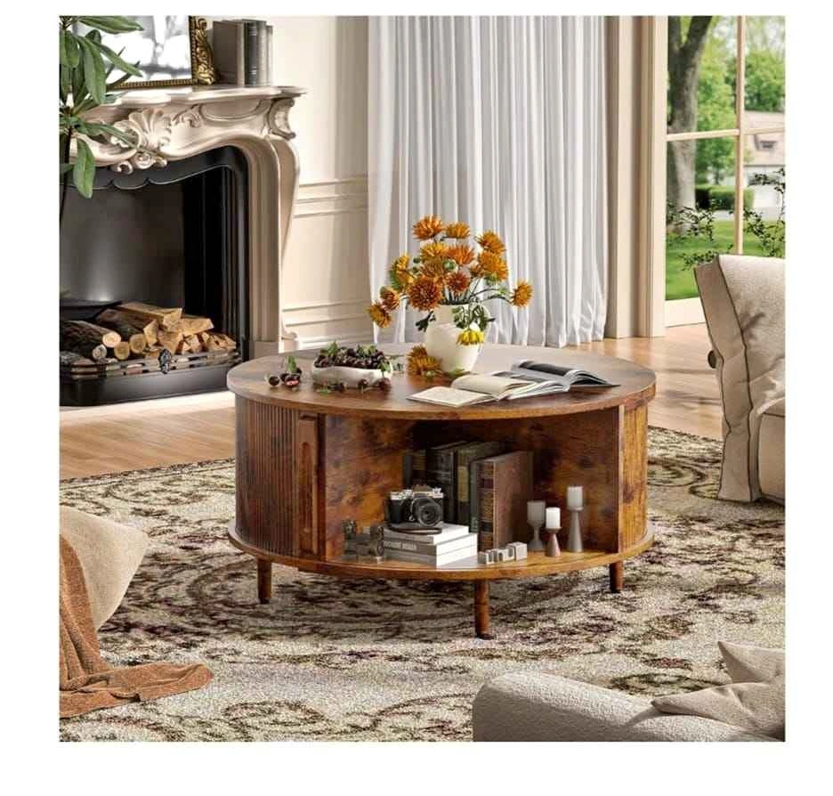 Round Coffee Table, 31.5" Fluted Center Table with Storage