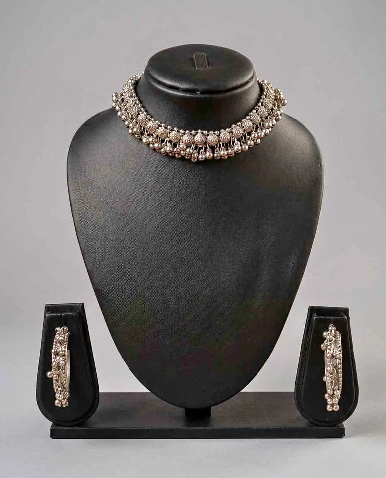Oxidized Silver Ghungroo Choker Necklace & Matching Earrings Set