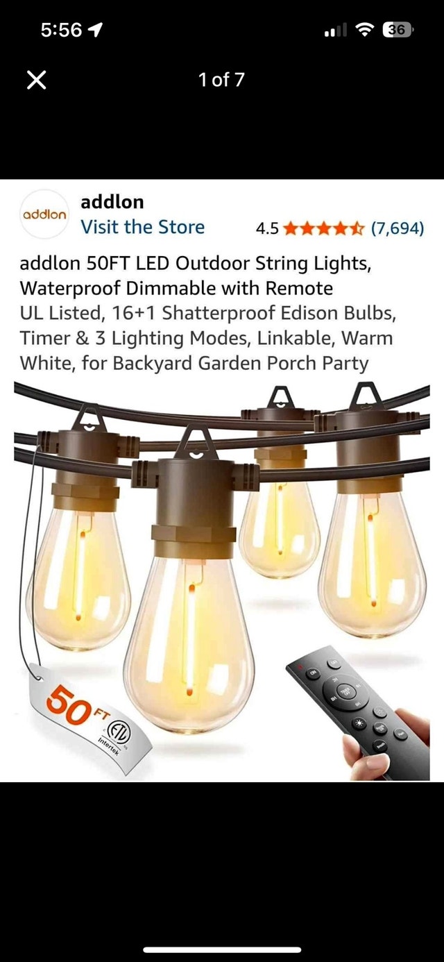 addlon 50FT LED Outdoor String Lights with Remote