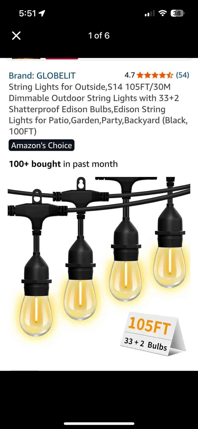 GLOBELIT 105FT 33 LED Outdoor Dimmable String Lights