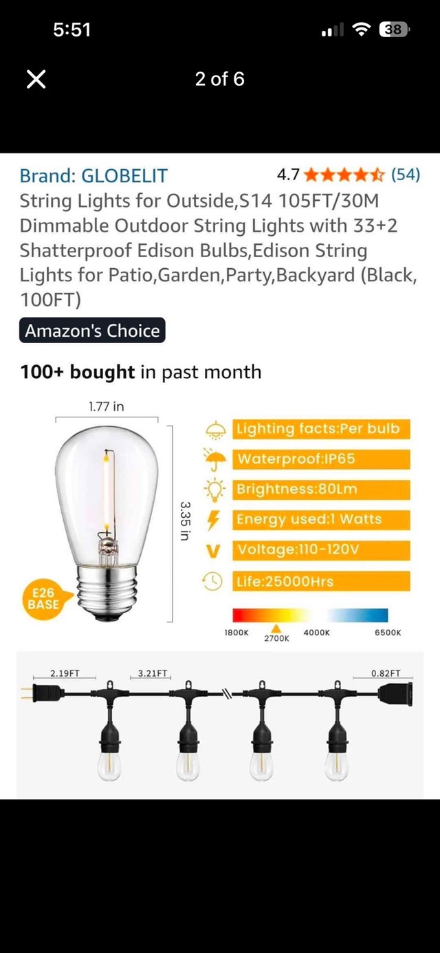 GLOBELIT 105FT 33 LED Outdoor Dimmable String Lights - photo 2