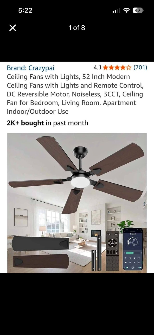 Crazypai 52-Inch Modern Black Ceiling Fan with Light & Remote