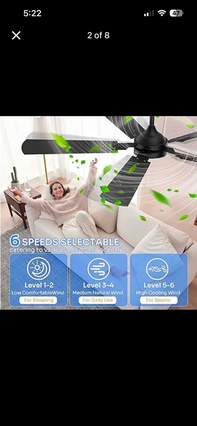 Crazypai 52-Inch Modern Black Ceiling Fan with Light & Remote - photo 2