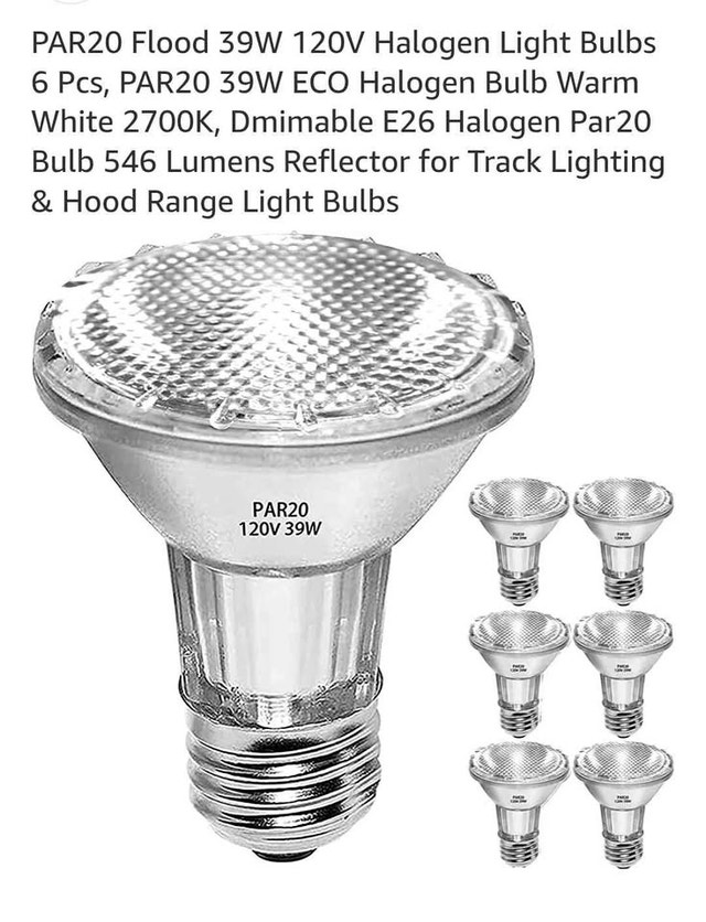6-Pack PAR20 Flood 39W Halogen Light Bulbs - Dimmable, Warm
