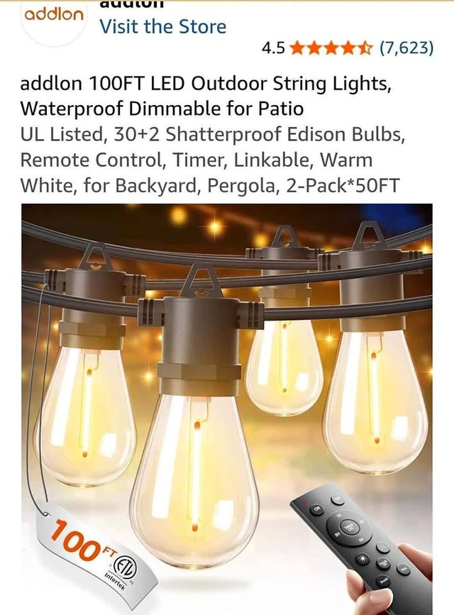 ✨ addlon 100FT Outdoor String Lights with Remote (30+2 Bulbs)