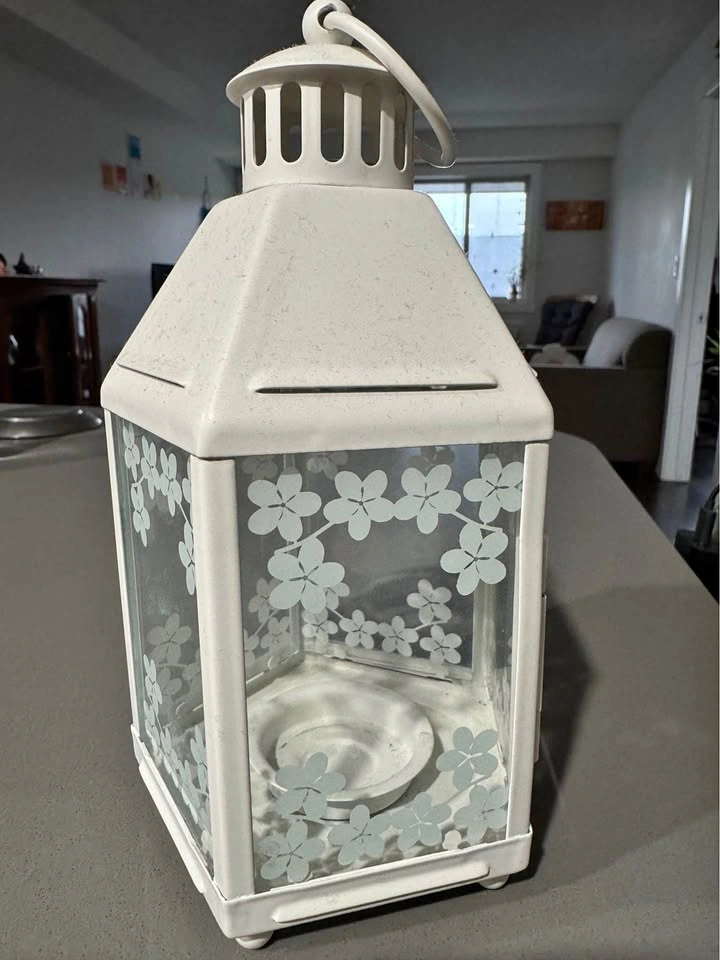 White Metal Lantern with Floral Glass Panels