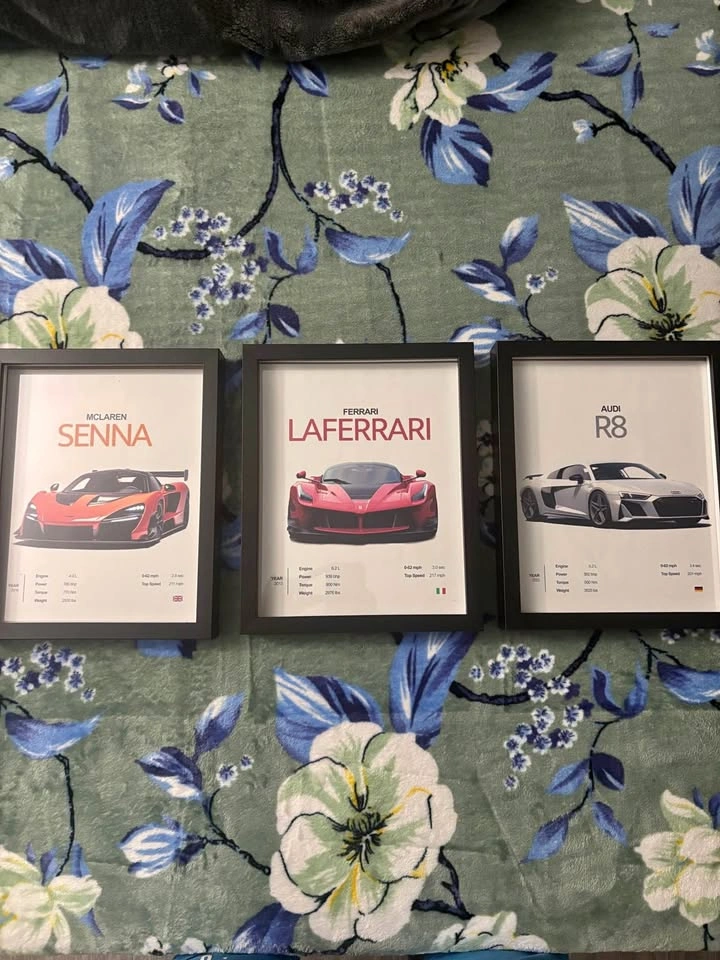 Set of 3 Framed Supercar Prints: McLaren, Ferrari, Audi