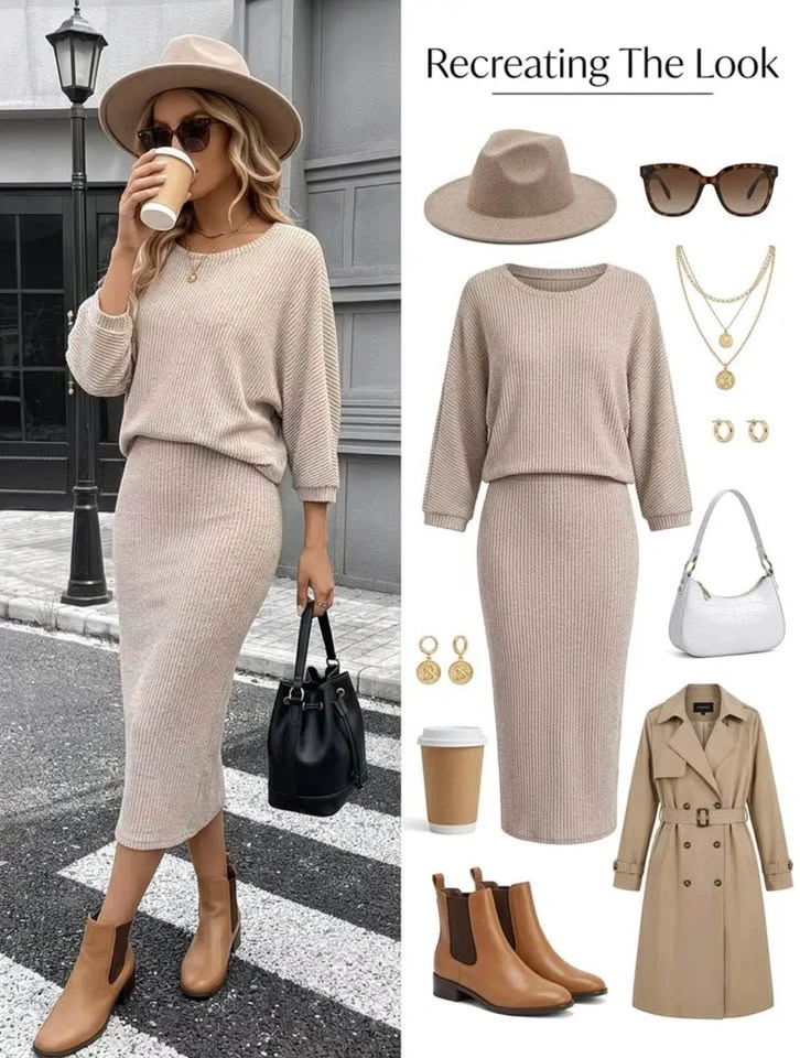 Cozy Beige Ribbed 2-Piece Top & Midi Skirt Set – Brand New - photo 2