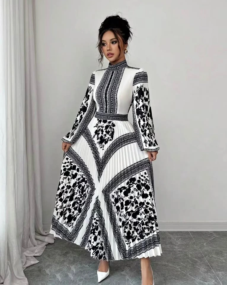 Elegant Black & White Printed Pleated Maxi Dress - Size M