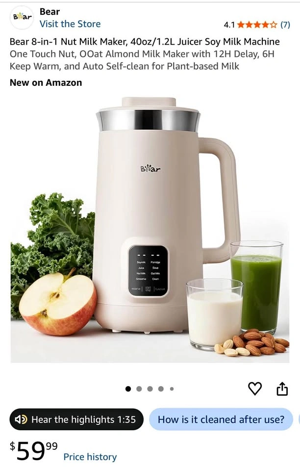 Bear 8-in-1 Nut Milk Maker, 40oz/1.2L Juicer Soy Milk Machine
