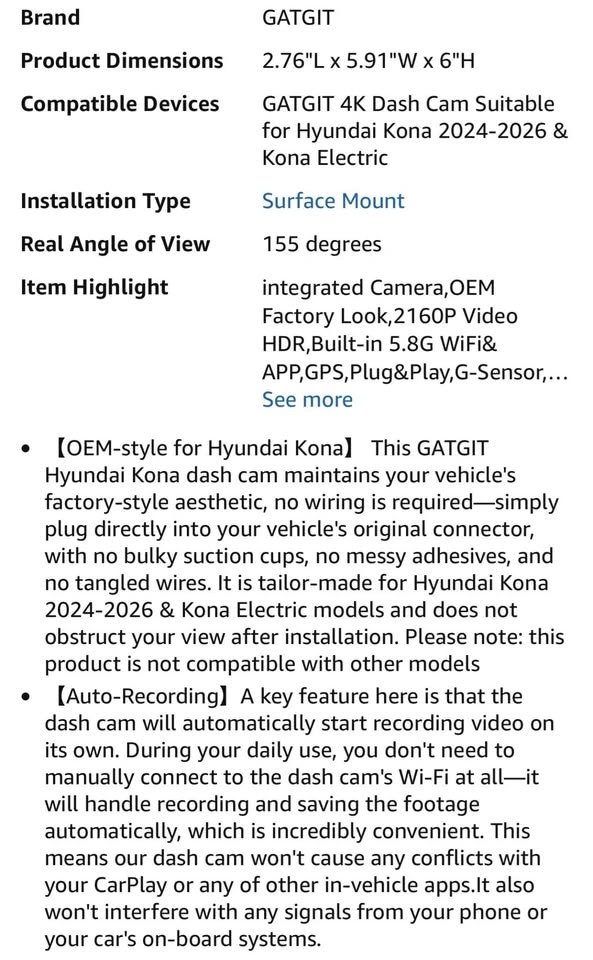 4K Dash Cam for Hyundai Kona & Kona Electric - photo 3
