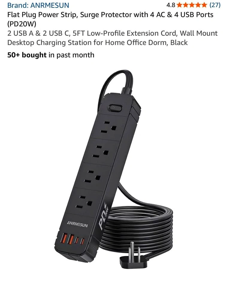 Flat Plug Power Strip, Surge Protector with 4 AC & 4 USB Ports