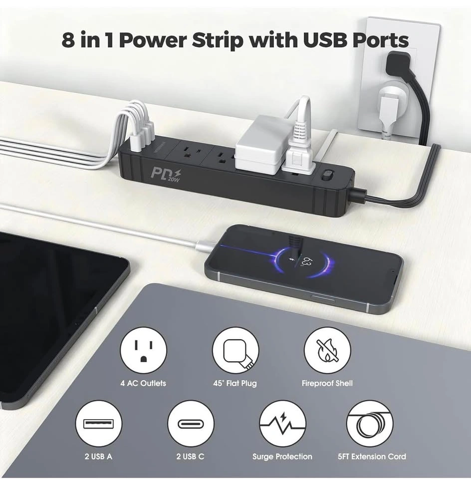 Flat Plug Power Strip, Surge Protector with 4 AC & 4 USB Ports - photo 2