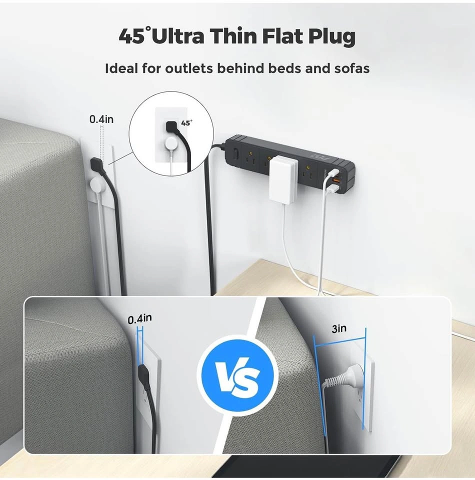 Flat Plug Power Strip, Surge Protector with 4 AC & 4 USB Ports - photo 3