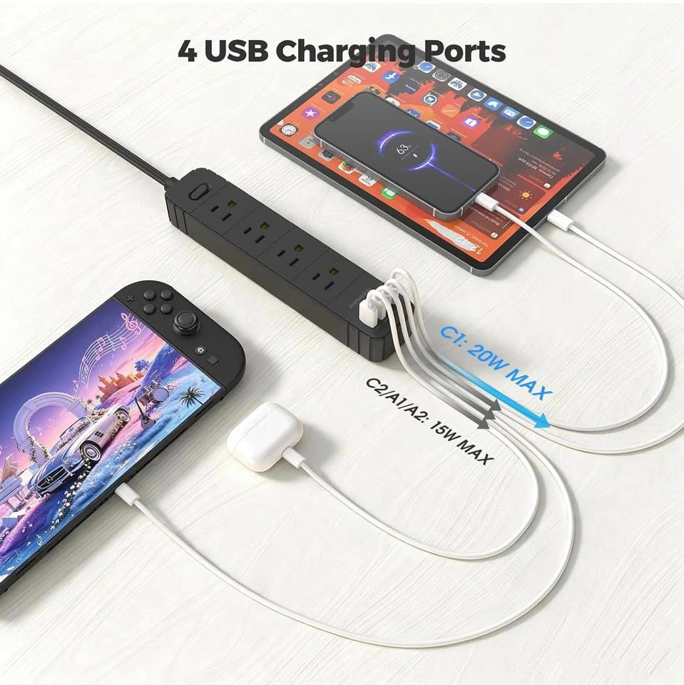 Flat Plug Power Strip, Surge Protector with 4 AC & 4 USB Ports - photo 5