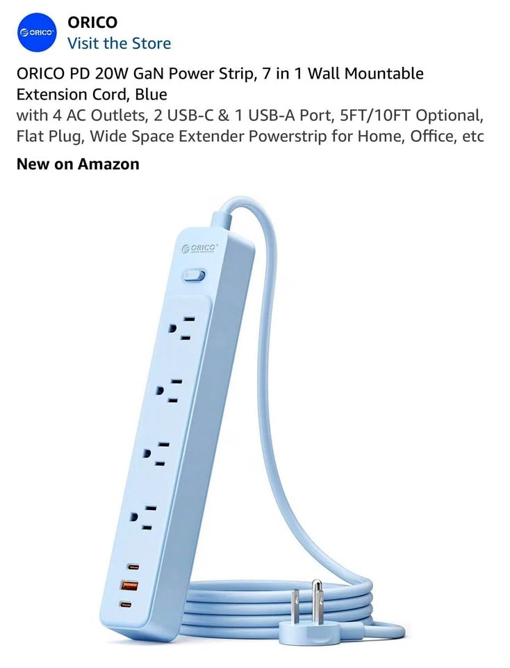 ORICO PD 20W GaN Power Strip, 7 in 1 Wall Mountable