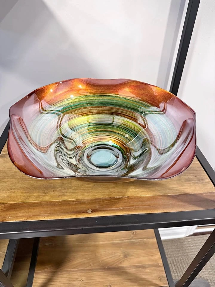 Large 14-15” Orange Rainbow Swirl Art Glass Centerpiece Bowl