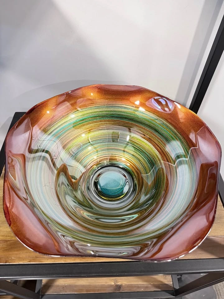 Large 14-15” Orange Rainbow Swirl Art Glass Centerpiece Bowl - photo 2