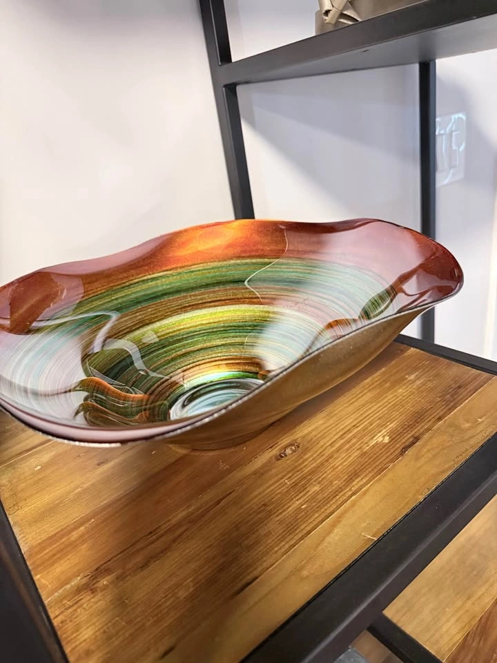 Large 14-15” Orange Rainbow Swirl Art Glass Centerpiece Bowl - photo 3