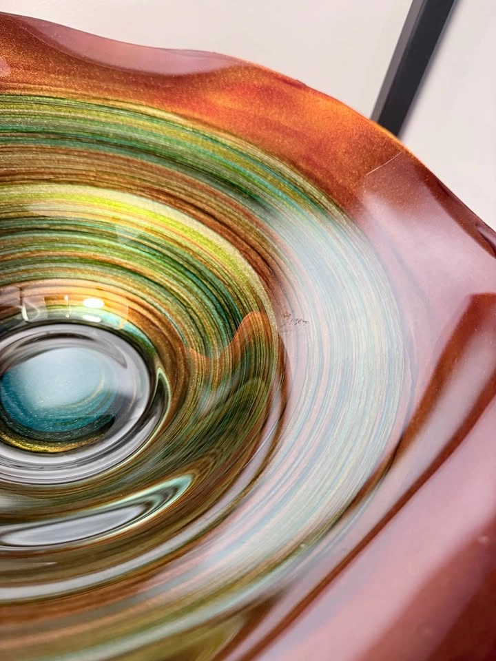 Large 14-15” Orange Rainbow Swirl Art Glass Centerpiece Bowl - photo 4