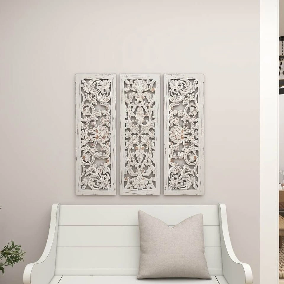Wooden Handmade Intricately Carved Floral Wall Decor – Set of 3 - photo 2