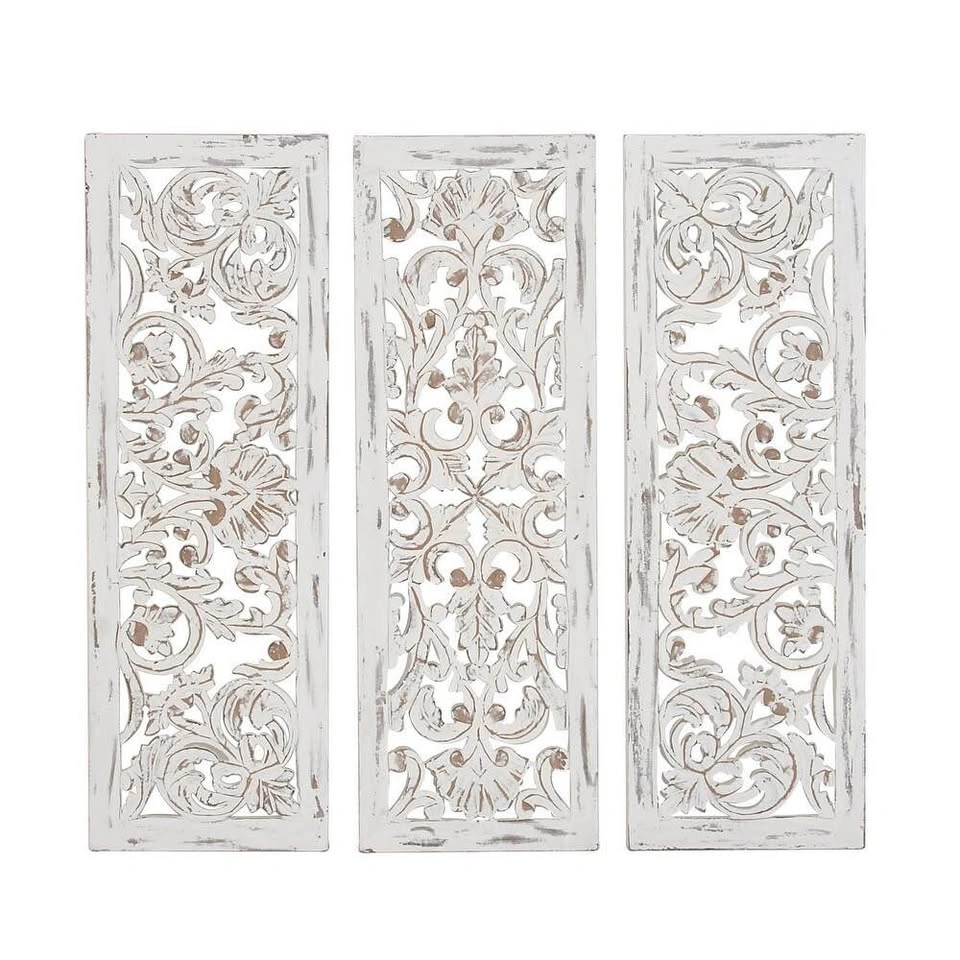 Wooden Handmade Intricately Carved Floral Wall Decor – Set of 3 - photo 3