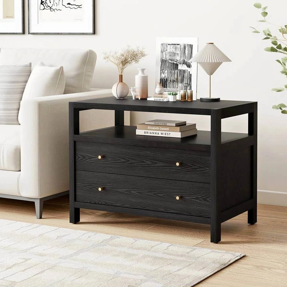 Modern Large 2-Drawer Nightstand with Open Storage – New, Assemb