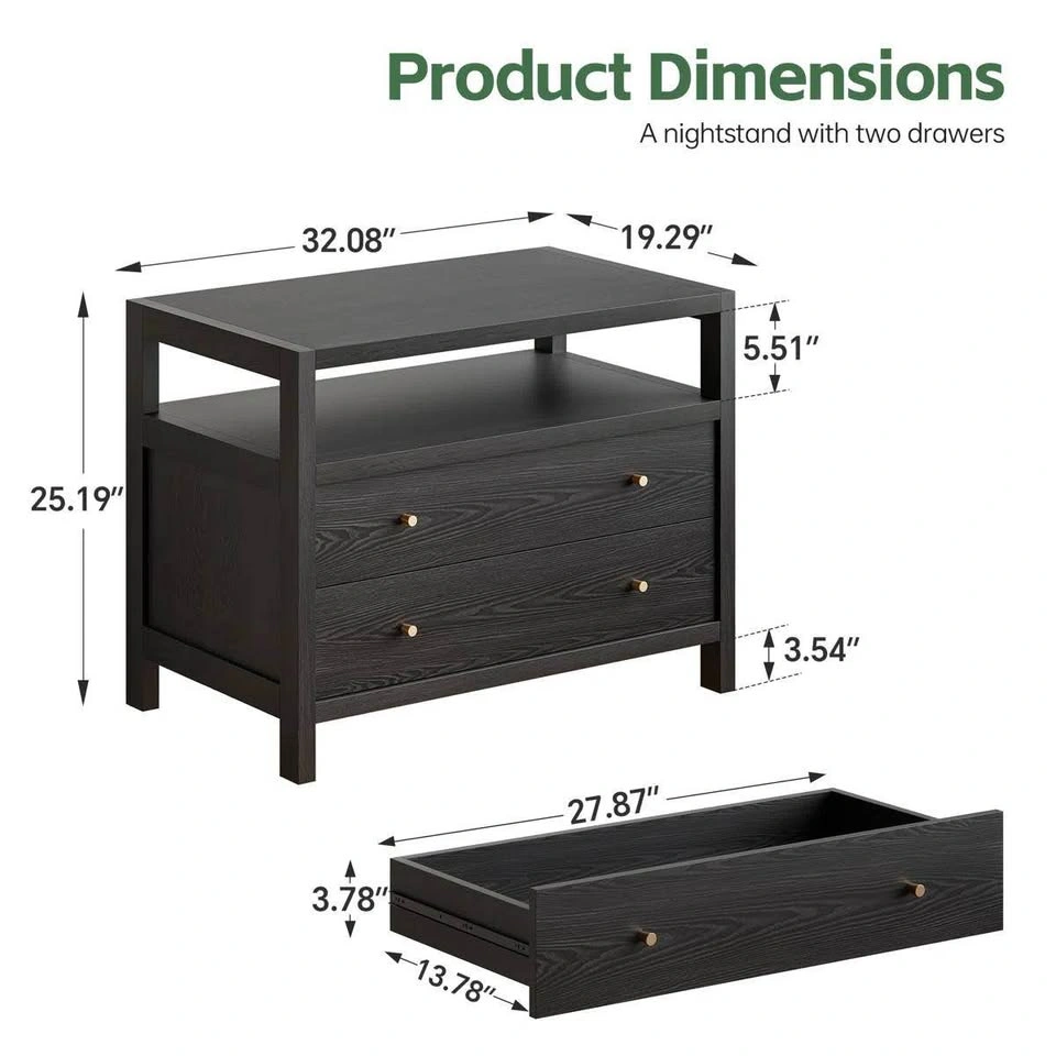 Modern Large 2-Drawer Nightstand with Open Storage – New, Assemb - photo 5