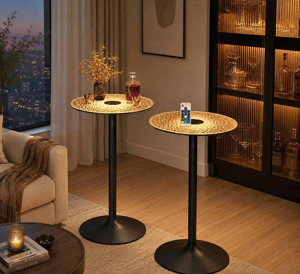 VASAGLE Set of 2 LED Round Bar Tables – Glass Top, 41” Tall