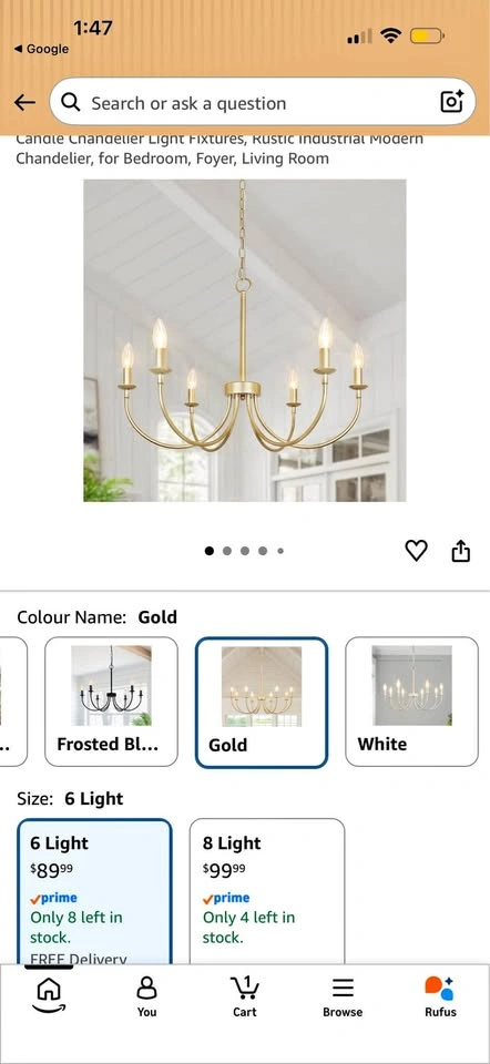 Gold Candle Chandelier Light Fixture, 6 Light