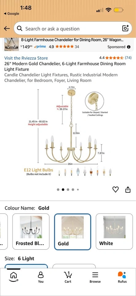 Gold Candle Chandelier Light Fixture, 6 Light - photo 2