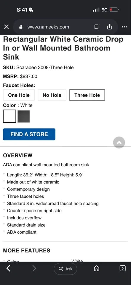 Scarabeo 3008 Three Hole Rectangular White Ceramic Sink