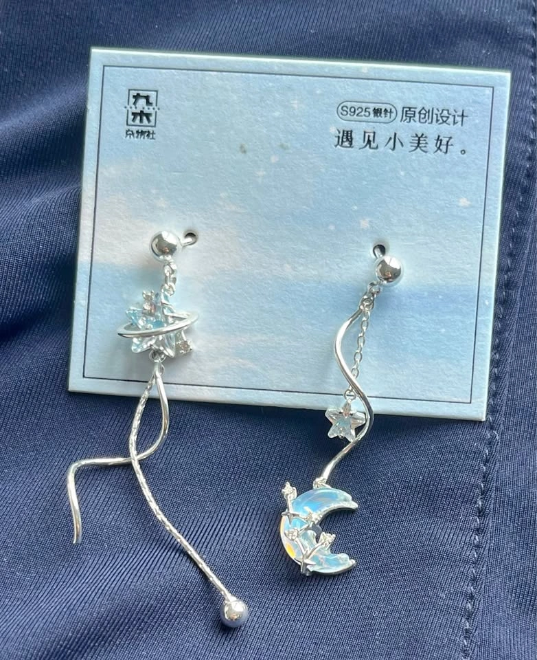 Dangling Silver Moon and Star Earrings