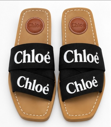 Chloé Woody Black Logo Ribbon Flat Slide Sandals Tan Leather EU